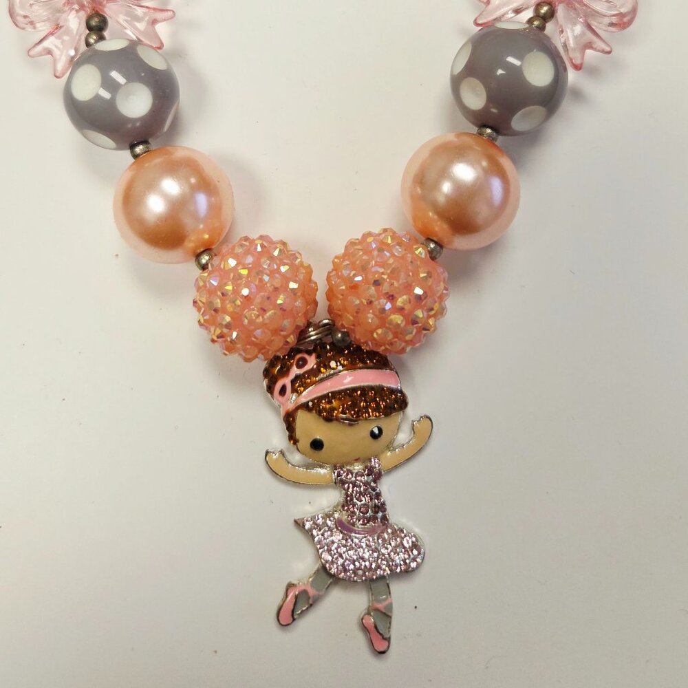 Girls Bubble Chunky Bead Necklace - Adorable Rhinestone Ballerina Charm
